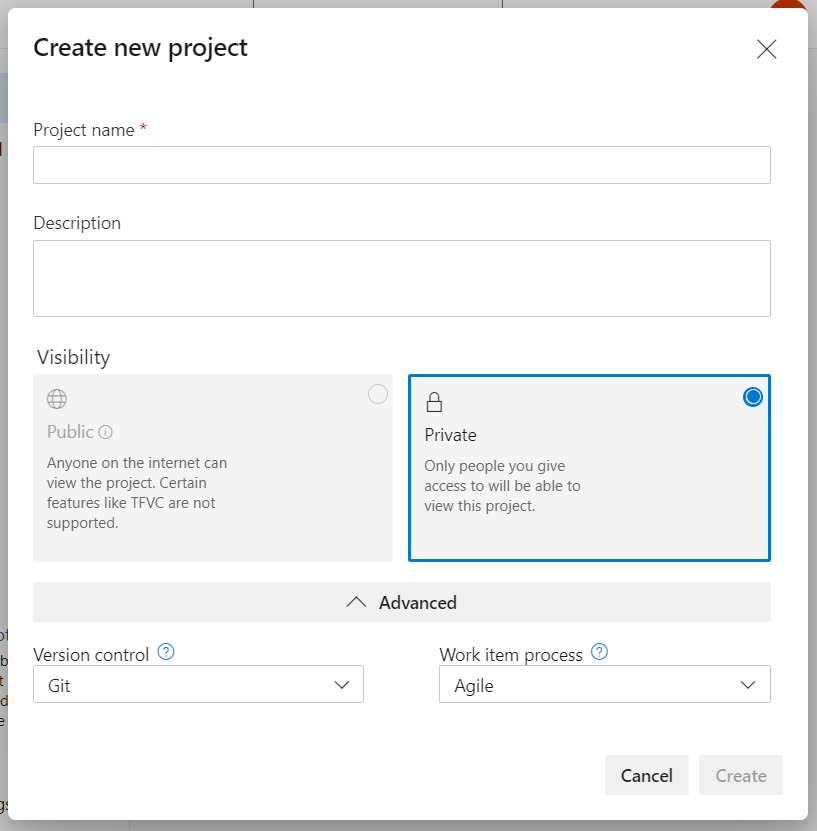 Azure DevOps create new project