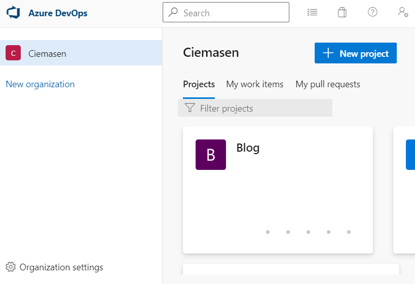 Azure DevOps landing page after signed-in