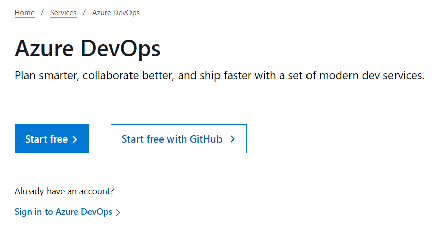 Azure DevOps landing page